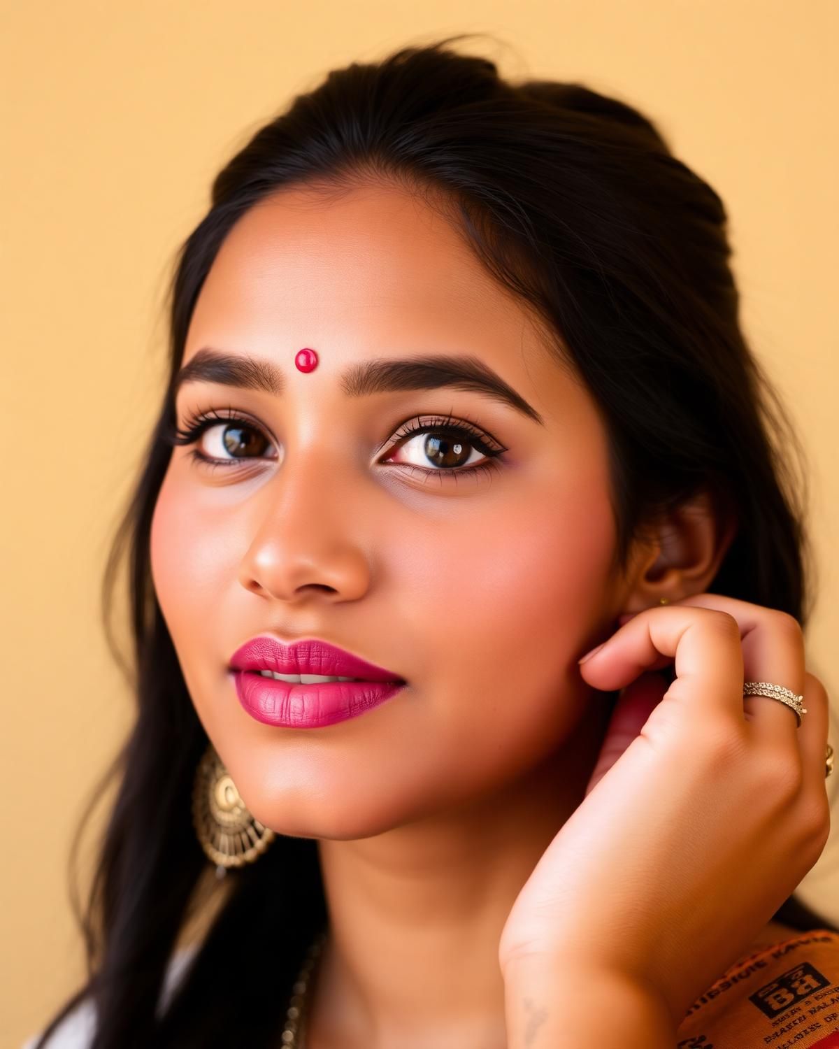 A close-up of a young woman wearing a small red bindi