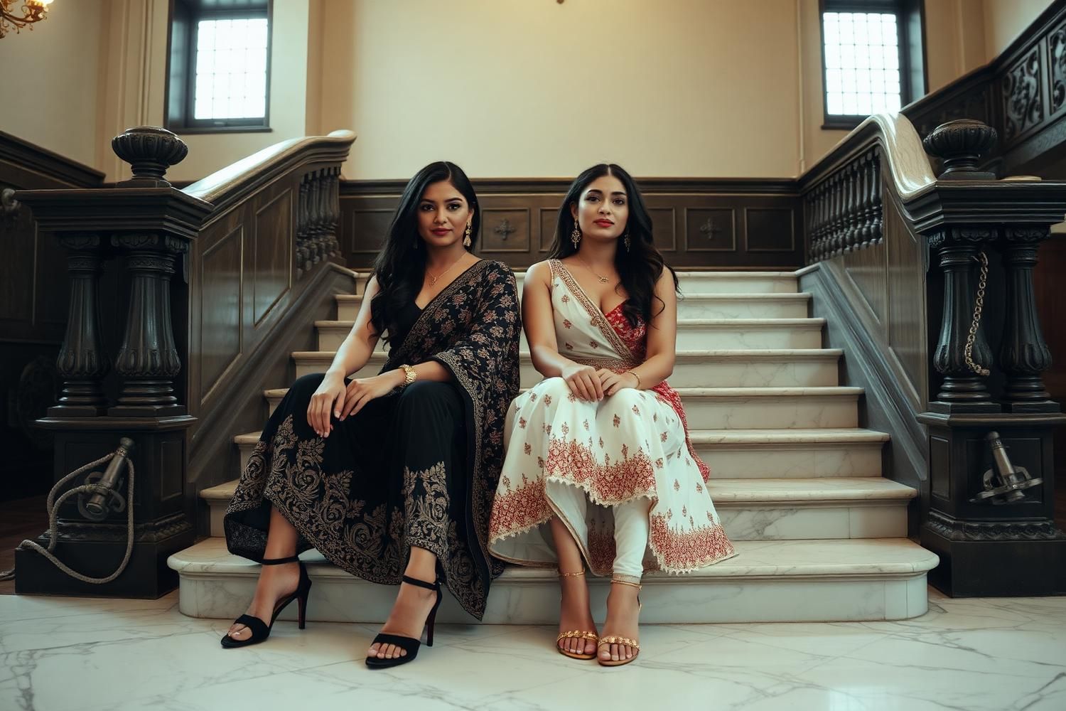 Two women in festive dress adjusting a dupatta on a staircase